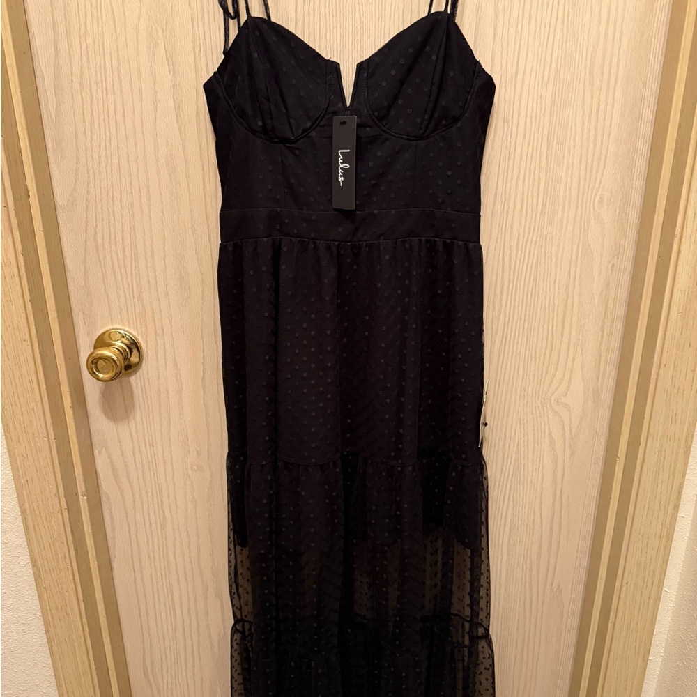 Lulu's Elegant Black Polka Dot Maxi Dress